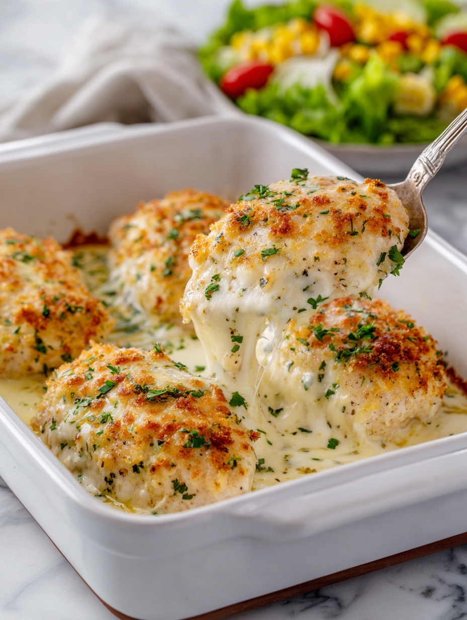 The image shows a white baking dish holding three pieces of baked chicken covered with melted white cheese and golden brown breadcrumbs scattered on top. The chicken pieces are thick with a creamy sauce beneath the cheese, and small green parsley leaves are sprinkled over the dish adding a fresh color contrast. A silver spoon is scooping one piece from the left side, showing the soft texture of the chicken and sauce. In the background, there is a blurred salad with green lettuce, yellow corn, and red cherry tomatoes. The dish is placed on a white marbled surface. Photo taken with an iphone --ar 2:3 --v 7