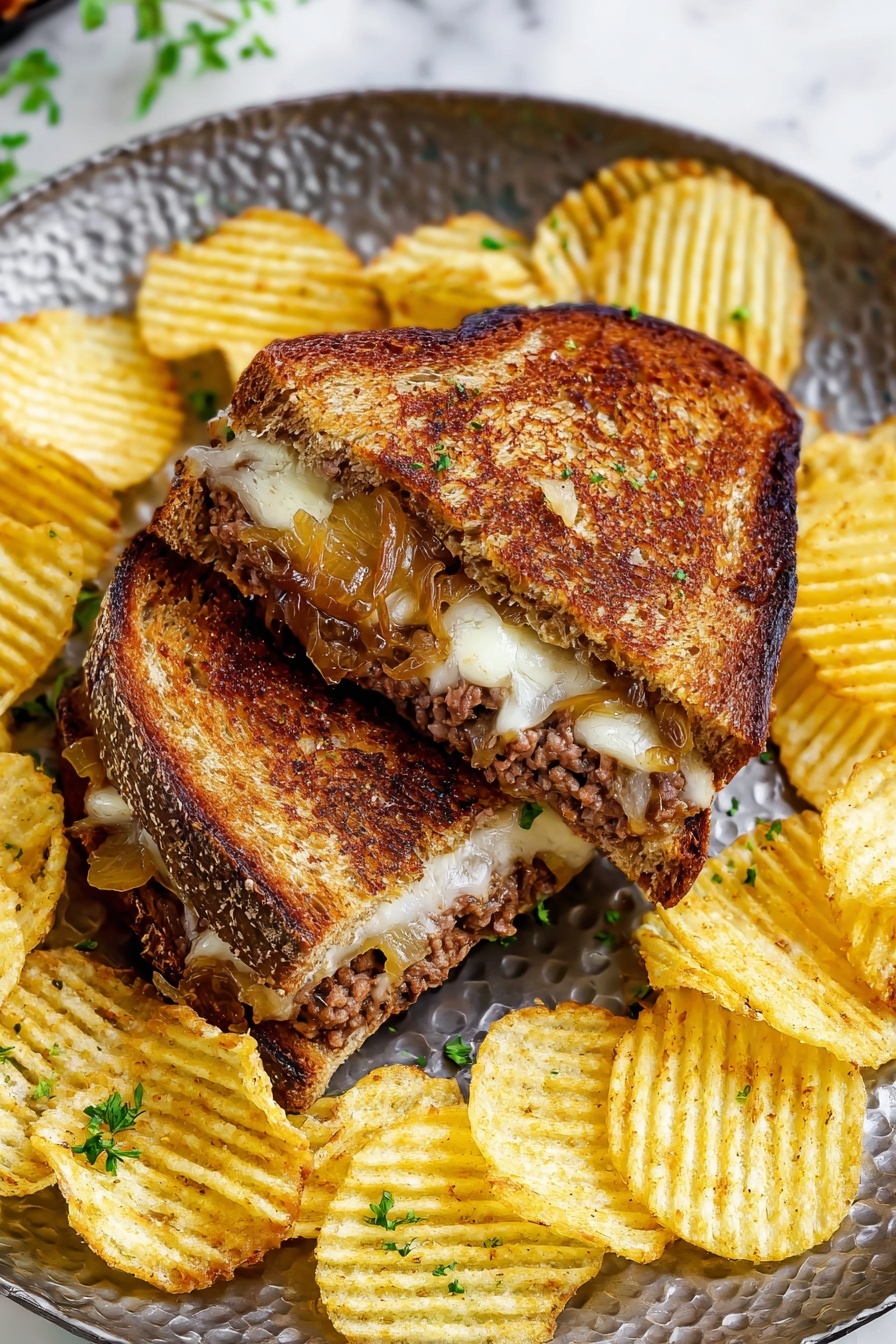 A grilled sandwich is cut diagonally into two pieces stacked on top of each other on a white plate, surrounded by golden wavy potato chips. The sandwich has three layers: the top and bottom layers are toasted brown bread with a crispy texture, sprinkled with small green herb bits. Inside, there is a layer of melted white cheese, a thick brown beef patty, another layer of melted white cheese, and caramelized light brown onions. The plate sits on a white marbled surface, and the background is softly blurred. photo taken with an iphone --ar 2:3 --v 7