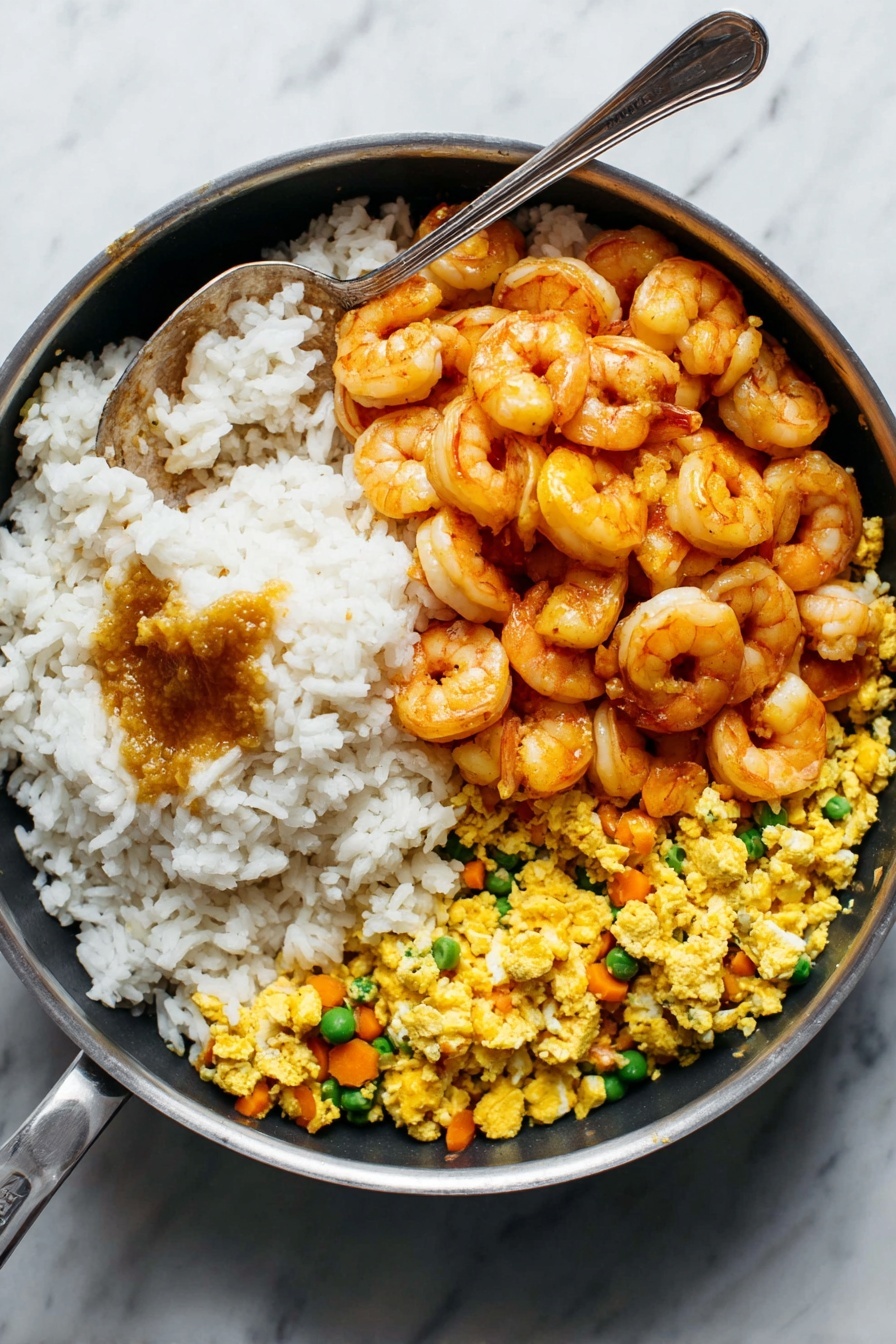A white round plate sits on a white marbled surface holding a colorful shrimp fried rice. The dish has three layers visually: the bottom layer is a bed of white and golden fried rice, mixed with small diced orange carrots and light green peas; the middle layer is bright pink-orange shrimp scattered evenly on top; the top layer is fresh chopped green onions sprinkled across the dish. Light brown chopsticks rest across the lower right edge of the plate. In the background, a shiny silver pan filled with more shrimp fried rice and a small white bowl with chopped green onions are visible. Photo taken with an iphone --ar 2:3 --v 7