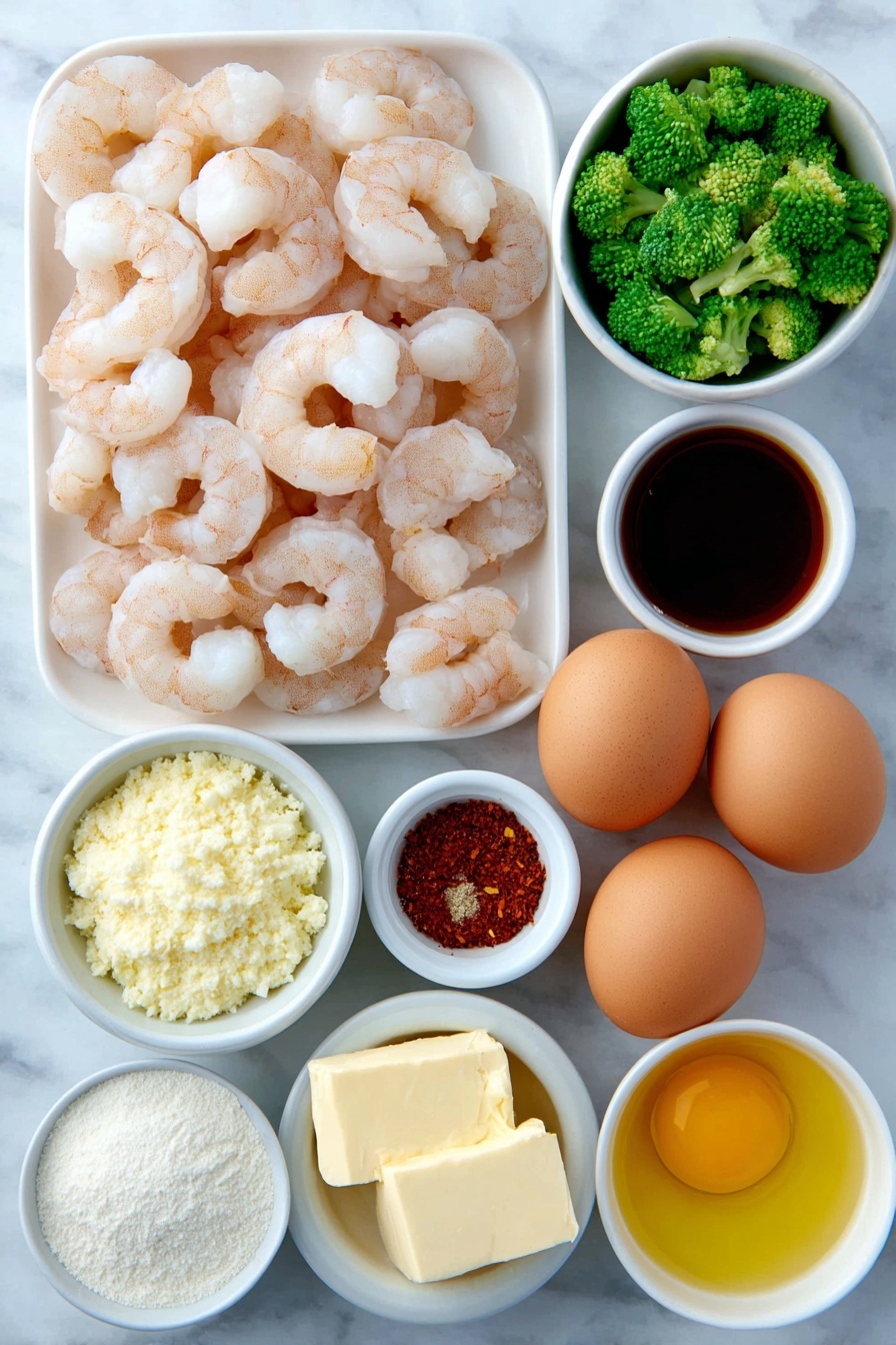 Flat lay of a small white bowl of golden honey, a small white bowl of dark soy sauce, a small white bowl of freshly grated pale yellow ginger, a small white bowl of minced white garlic, a small white bowl of red pepper flakes, a small white bowl of white cornstarch powder, a mound of fresh large raw shrimp with pink and translucent shells and tails on, a few small cubes of pale yellow butter, a pile of bright green chopped broccoli florets, a small white bowl of golden olive oil, two whole brown eggs with clean shells, all arranged with perfect symmetry and balanced proportions on a clean white marble surface, soft natural light, photo taken with an iPhone, professional food photography style, fresh ingredients, white ceramic bowls, no bottles, no duplicates, no utensils, no packaging --ar 2:3 --v 7 --p m7354615311229779997