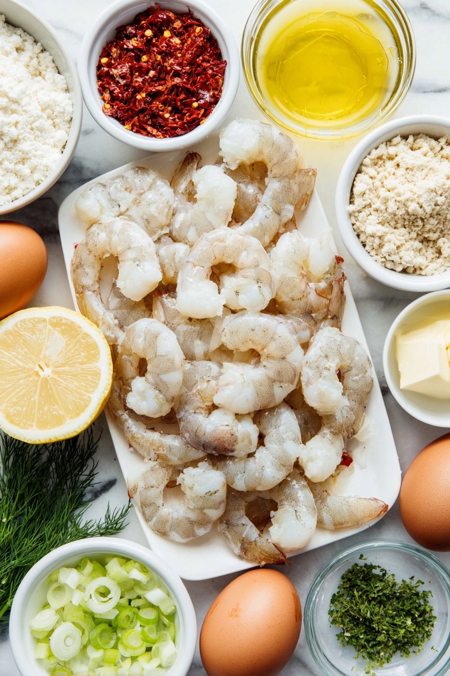 Flat lay of medium raw shrimp, a small pile of brown rice grains, a few whole brown eggs with clean shells, a small white bowl of melted butter, a small white bowl of gluten-free all-purpose flour blend, a small white bowl of milk, finely minced fresh dill on a small white dish, finely minced fresh parsley on a small white dish, finely minced shallots on a small white dish, finely minced red onion on a small white dish, a small white bowl of dry white wine, a whole lemon sliced in half, dried red chili flakes in a small white bowl, a small pile of grated Parmesan cheese, sliced green onions arranged neatly on a small white dish, all ingredients fresh and natural, placed with perfect symmetry and balanced layout on simple white ceramic bowls and dishes, placed on a clean white marble surface, soft natural light, photo taken with an iPhone, professional food photography style, fresh ingredients, white ceramic bowls, no bottles, no duplicates, no utensils, no packaging --ar 2:3 --v 7 --p m7354615311229779997