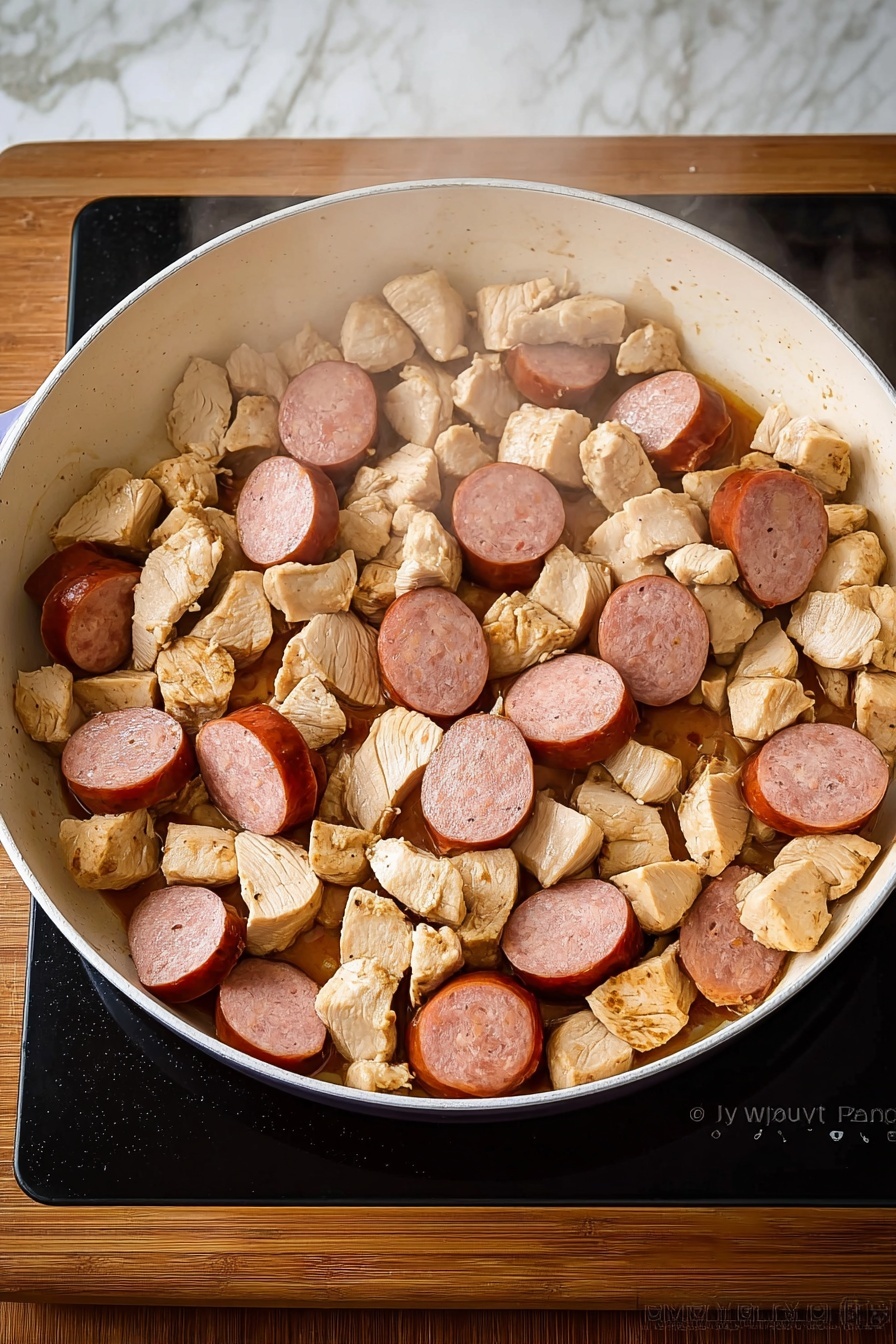 The image shows a large silver pan filled with cooked rice mixed with slices of sausage and pieces of light brown cooked meat, likely chicken, along with small bits of green celery and red peppers scattered evenly throughout. The rice looks soft and slightly reddish from spices. The pan is placed on a striped white and dark gray cloth with a wooden spoon resting near its handle. The background is a white marbled texture. photo taken with an iphone --ar 2:3 --v 7