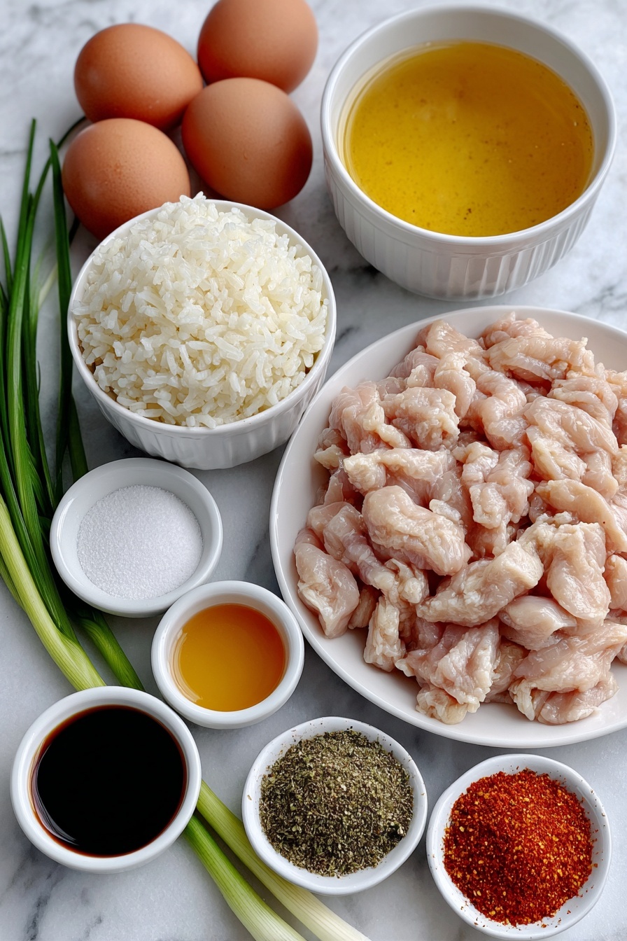 Flat lay of a peeled half onion sliced lengthwise, fresh boneless skinless chicken thighs cut into strips, three whole uncracked brown eggs, a small white ceramic bowl of clear dashi broth, a small white ceramic bowl of dark soy sauce, a small white ceramic bowl of pale amber mirin, a small white ceramic bowl of white granulated sugar, two servings of fluffy cooked Japanese short-grain rice in simple white ceramic bowls, four fresh green sprigs of mitsuba Japanese parsley arranged neatly, and small piles of vibrant red-orange shichimi togarashi and dark green Japanese sansho pepper, all placed with perfect symmetry on a clean white marble surface, soft natural light, photo taken with an iPhone, professional food photography style, fresh ingredients, white ceramic bowls, no bottles, no duplicates, no utensils, no packaging --ar 2:3 --v 7 --p m7354615311229779997