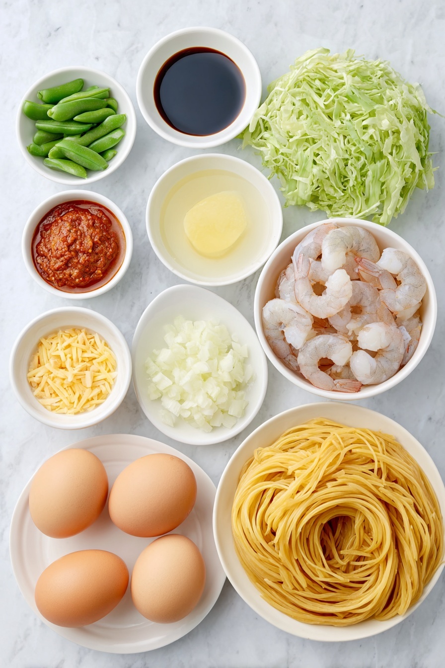 Flat lay of peeled raw shrimp with natural pink and white coloration, a small pile of fresh bright purple shredded cabbage, a few fresh lime wedges with vibrant green skin and juicy interiors, a small white ceramic bowl holding rich red curry paste, a small white ceramic bowl filled with smooth unsweetened coconut milk, a small white ceramic bowl of light golden avocado oil, a small white ceramic bowl containing finely minced fresh pale yellow ginger, half of a medium yellow onion diced finely with translucent fresh layers, a small bunch of fresh green sugar snap peas, a small bunch of fresh orange carrot sticks, a small white ceramic bowl of dark soy sauce, a small white ceramic bowl with amber fish sauce, a handful of natural chopped peanuts, a neatly coiled portion of whole wheat angel hair pasta with a light brown hue, and two whole uncracked brown eggs placed symmetrically, all arranged on a simple white ceramic plate and bowls placed on a clean white marble surface, soft natural light, photo taken with an iPhone, professional food photography style, fresh ingredients, white ceramic bowls, no bottles, no duplicates, no utensils, no packaging --ar 2:3 --v 7 --p m7354615311229779997