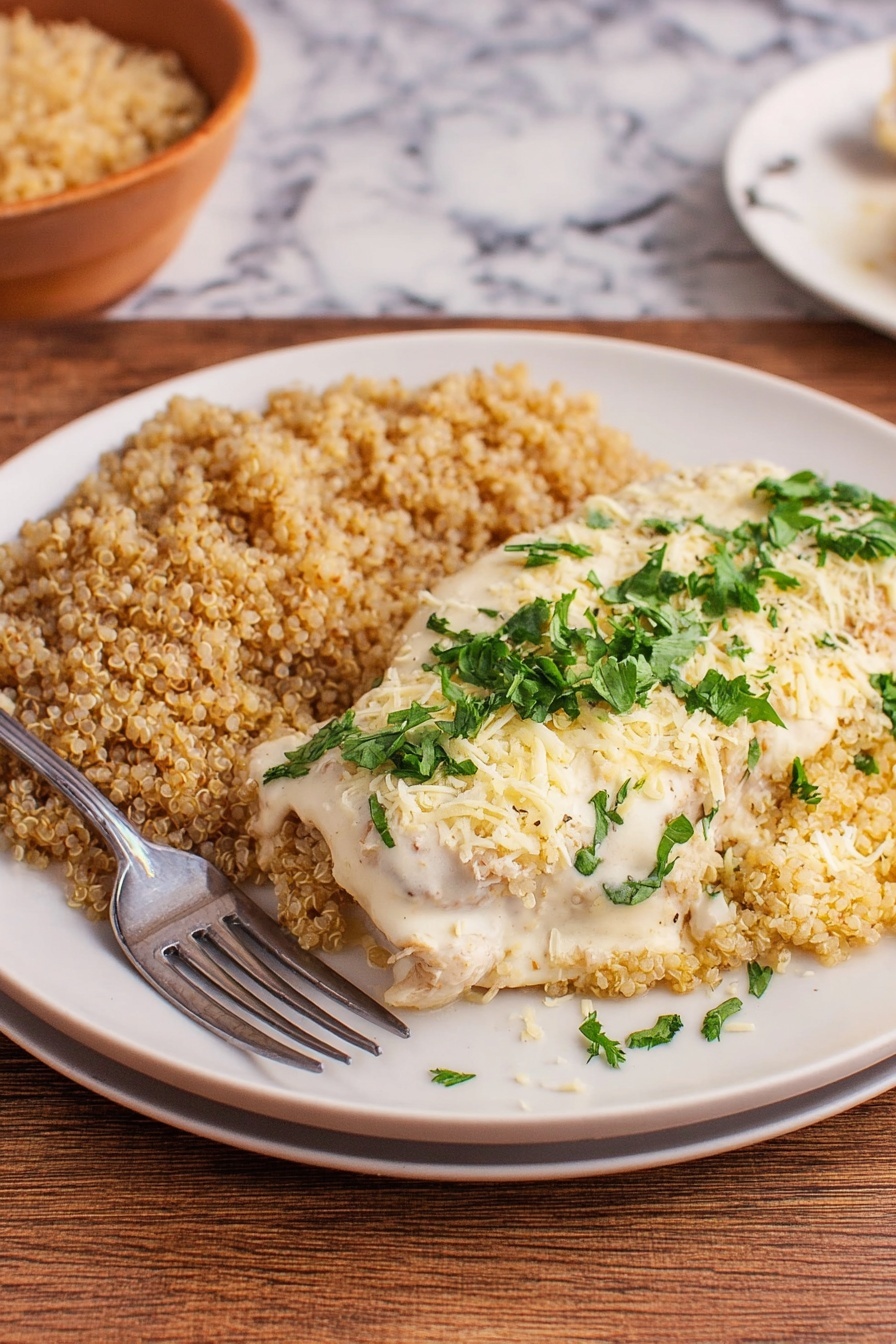 A white rectangular baking dish holds three raw chicken fillets arranged in a single layer, each fillet pale pink with a smooth texture. The fillets are sprinkled evenly with coarse salt and black pepper, creating small clusters of white and black grains on the surface. The white marbled background surrounds the dish, highlighting the clean and simple presentation. photo taken with an iphone --ar 2:3 --v 7