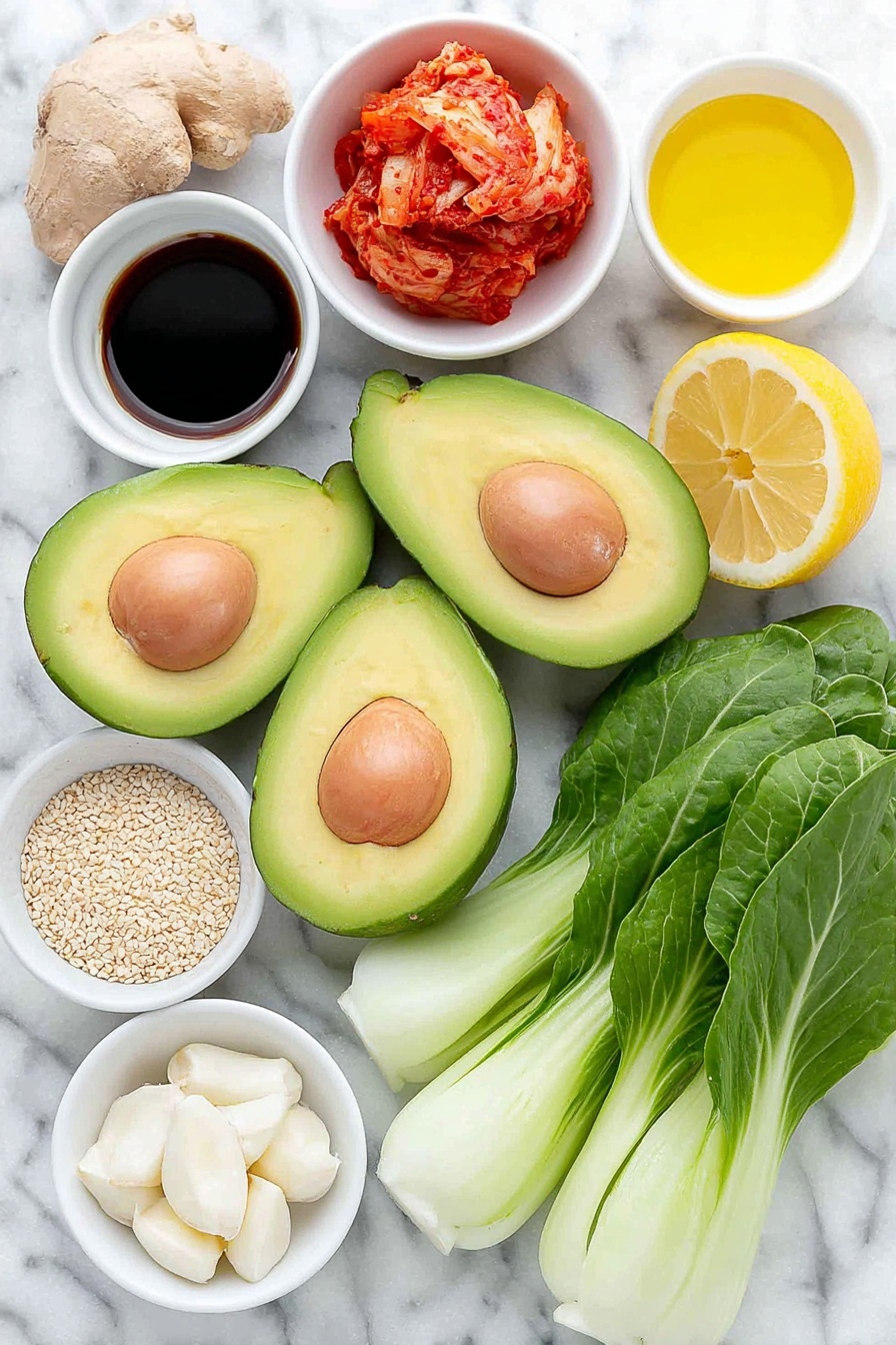 Flat lay of two ripe avocados halved and showing creamy green flesh, a small white bowl of dark soy sauce, a small white bowl of amber fish sauce, a small white bowl of fresh lemon juice, a small white bowl with golden olive oil, a few garlic cloves with papery skins on, a small piece of knobby fresh ginger root, two bunches of bright green bok choy leaves and crisp white stalks cut into bite-sized pieces, a cluster of eight large whole brown eggs with clean uncracked shells, a small pile of fluffy cooked brown rice, a small pile of vibrant red chopped kimchi, and a small white bowl filled with toasted golden sesame seeds, all arranged with perfect symmetry on a clean white marble surface, soft natural light, photo taken with an iPhone, professional food photography style, fresh ingredients, white ceramic bowls, no bottles, no duplicates, no utensils, no packaging --ar 2:3 --v 7 --p m7354615311229779997