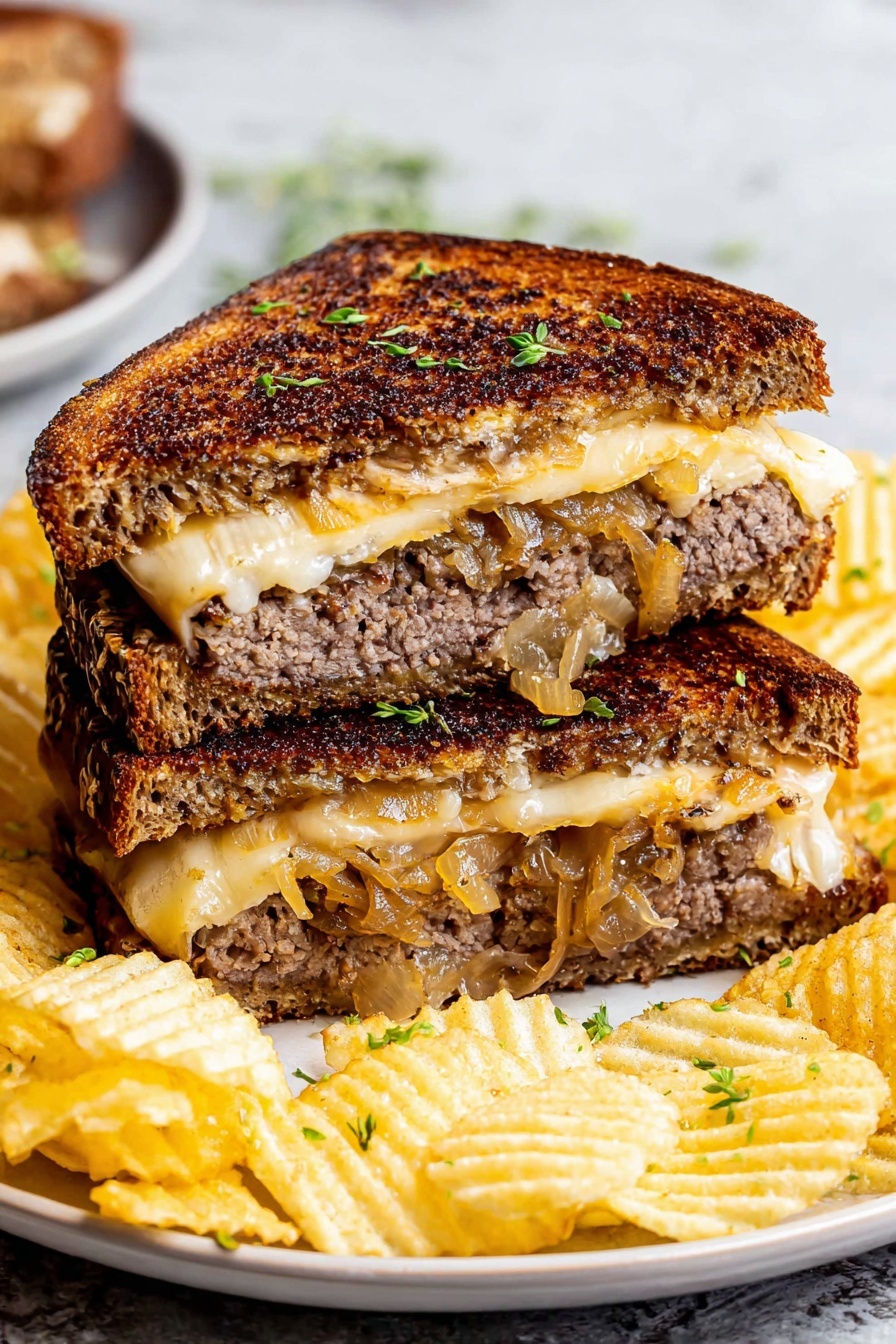 A close-up top view of a grilled sandwich in a black frying pan on a white marbled surface. The sandwich has two layers of golden brown toasted bread with visible bubbles and dark grill marks. Between the bread slices, melted white cheese and cooked light brown caramelized onions peek slightly from the edges. The pan has a worn texture with oil spots and browned bits, adding a rustic look to the scene. Photo taken with an iphone --ar 2:3 --v 7