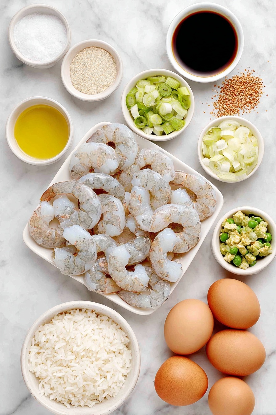 Flat lay of large raw shrimp with shells removed, a small white bowl of kosher salt, a small white bowl of ground white pepper, a small white bowl of golden avocado oil, half a diced small onion, two green scallions with white and green parts separated and thinly sliced, two garlic cloves minced displayed fresh, a small white bowl of minced ginger, a small white bowl of frozen peas and carrots mixed, three whole uncracked brown eggs, a simple mound of cooked white rice, a small white bowl of tamari soy sauce, a small white bowl of toasted sesame oil placed on a clean white marble surface, soft natural light, photo taken with an iPhone, professional food photography style, fresh ingredients, white ceramic bowls, no bottles, no duplicates, no utensils, no packaging --ar 2:3 --v 7 --p m7354615311229779997