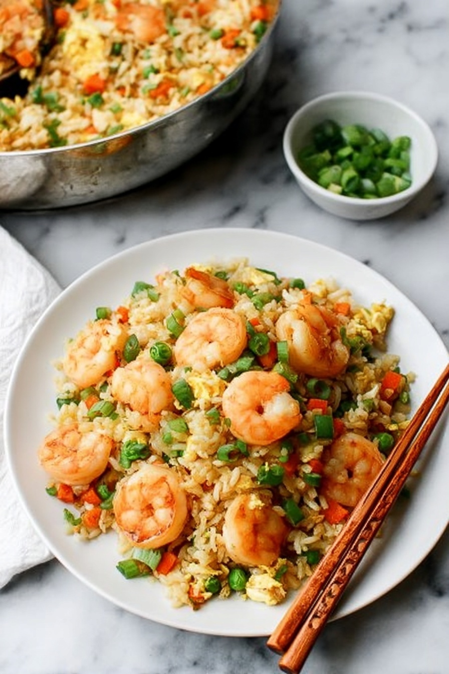 In a round black pan on a white marbled surface, three main layers are visible: on the left side, a large pile of plain white rice with a small splash of brown sauce on top; on the right side, cooked shrimp with a soft orange color and slight shine piled up neatly; below the shrimp, there is a mix of scrambled yellow eggs and small green peas with tiny bits of orange carrots mixed in. Two silver utensils, a spoon and a fork, rest on the pan’s edge with the spoon inside the shrimp layer. Photo taken with an iphone --ar 2:3 --v 7