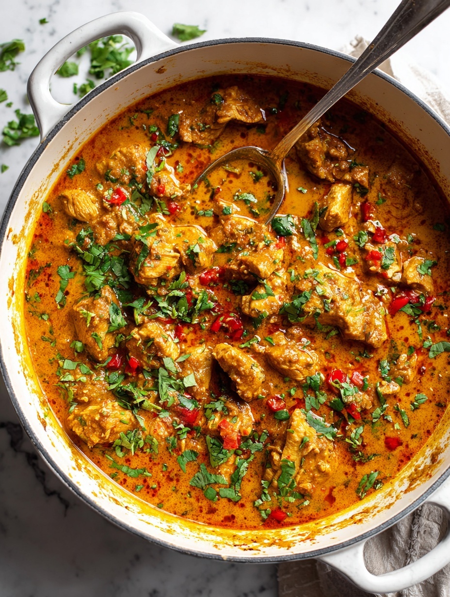 A white plate filled with a base layer of fluffy white rice, arranged evenly around the edge. On top, there is a thick layer of orange curry sauce covering chunks of tender meat pieces. The sauce has a smooth, slightly textured look with visible spices. Bright green chopped herbs are scattered on top, adding contrast and freshness. A silver fork rests on the edge of the plate against the white marbled surface background. Photo taken with an iphone --ar 2:3 --v 7