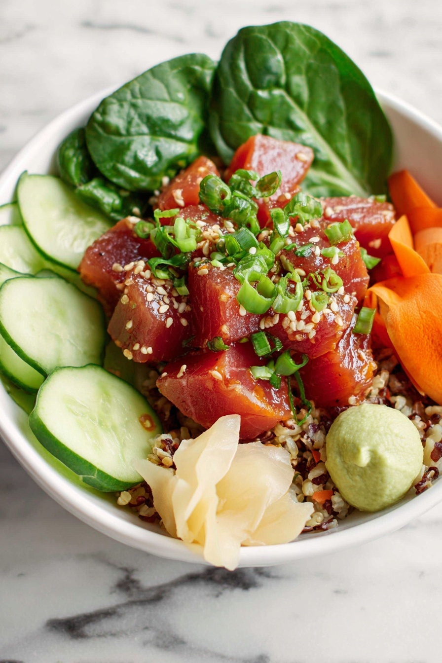 The dish is served in a white bowl with a base layer of mixed grains including brown and wild rice. On top, there is a layer of dark green spinach leaves covering some of the bowl's sides. The main layer features bright red cubes of marinated tuna, sprinkled with chopped green onions and white sesame seeds, giving it a textured look. Around the tuna, there are thin slices of light green cucumber, orange carrot sticks, a dollop of pale green wasabi, and a small pile of pale cream-colored pickled ginger, all arranged neatly. The bowl is set against a white marbled surface. photo taken with an iphone --ar 2:3 --v 7