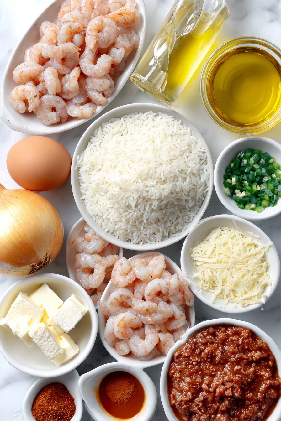 Flat lay of a small mound of long grain white jasmine rice, a vibrant yellow onion whole and uncut, several peeled garlic cloves, a small white ceramic bowl of golden avocado oil, a small white bowl with bright red enchilada sauce, a small white bowl of clear water, raw boneless skinless chicken breast strips arranged neatly, raw peeled and deveined large shrimp without tails, a small white bowl of softened pale yellow butter, small piles of garlic powder, onion powder, chili powder, and cumin arranged symmetrically as fine powders, a small white bowl of white queso blanco cheese blocks, a small white bowl of grated orange pepper jack cheese, a small white bowl of diced green chilies, one whole uncracked brown chicken egg, all ingredients placed on a clean white marble surface, soft natural light, photo taken with an iPhone, professional food photography style, fresh ingredients, white ceramic bowls, no bottles, no duplicates, no utensils, no packaging --ar 2:3 --v 7 --p m7354615311229779997