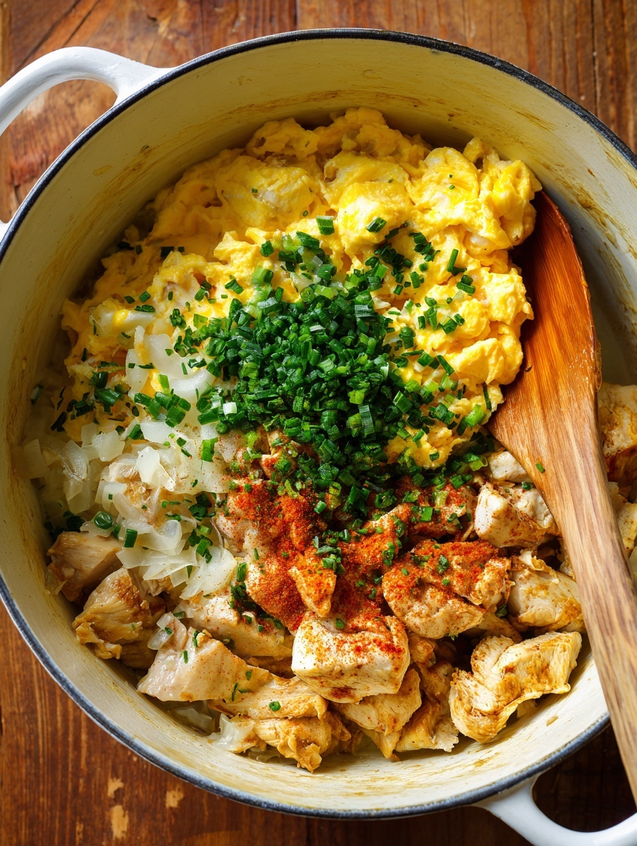 A black bowl filled with white rice forms the base layer, topped with a golden brown cooked egg layer that has a slightly crispy texture. On top of the egg are scattered thin slices of cooked onion and pieces of bright green okra, lightly coated in a glossy sauce. The bowl is placed on a white marbled surface next to a blue glass of water and a beige cloth with a navy stripe. The photo was taken with an iphone --ar 2:3 --v 7