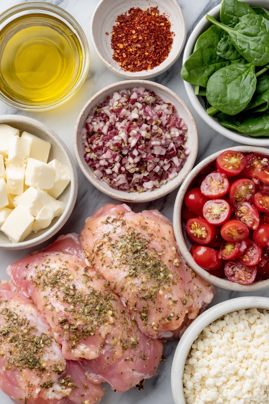 Flat lay of fresh raw skinless boneless chicken thighs arranged symmetrically, a small mound of vibrant dried oregano leaves, a small pile of bright red paprika powder, a pinch of coarse salt crystals, a few scattered red pepper flakes, a small white ceramic bowl filled with golden olive oil, halved glossy red grape tomatoes, peeled whole garlic cloves minced finely in a pile, a bunch of fresh green spinach leaves chopped, a small white bowl of freshly squeezed lemon juice with a pale yellow hue, a mound of fluffy cooked jasmine rice, cooked beige chickpeas, small cubes of creamy white feta cheese in a simple white bowl, a small white bowl with extra virgin olive oil, fresh sprigs of green oregano for garnish, placed on a clean white marble surface, soft natural light, photo taken with an iPhone, professional food photography style, fresh ingredients, white ceramic bowls, no bottles, no duplicates, no utensils, no packaging --ar 2:3 --v 7 --p m7354615311229779997