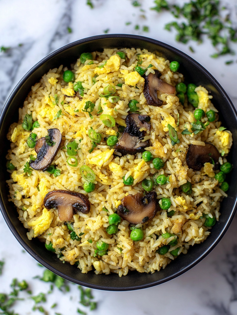 The image shows a bowl filled with fried rice mixed with bright green peas, sliced brown mushrooms, and light green chopped scallions. The rice is white with a slight golden tint, indicating it is cooked with egg, which adds soft yellow pieces throughout. The bowl is a deep black color and is placed on a white marbled surface with scattered bits of green herbs around it. The texture of the rice is fluffy, and the vegetables add pops of green and brown throughout. Photo taken with an iphone --ar 2:3 --v 7