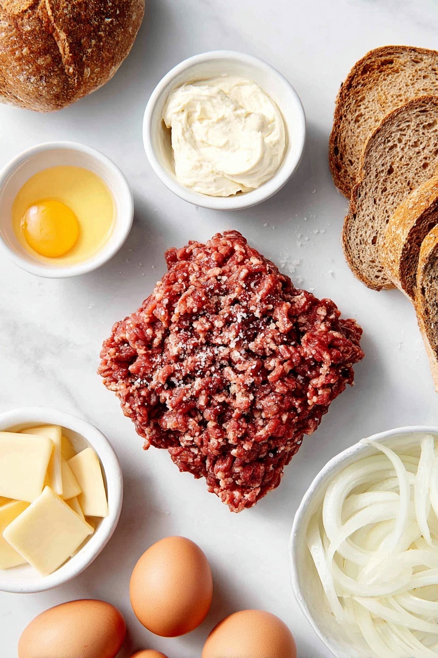 Flat lay of two medium yellow onions, thinly sliced and spread out; a small white ceramic bowl filled with golden butter cubes; a raw ground beef patty, fresh and unseasoned; four slices of dense rye bread neatly stacked; four slices of Swiss cheese with characteristic holes; a small white ceramic bowl containing creamy mayonnaise; a small white ceramic bowl of coarse salt and freshly ground black pepper beside it, all arranged in perfect symmetry on a clean white marble surface, soft natural light, photo taken with an iPhone, professional food photography style, fresh ingredients, white ceramic bowls, no bottles, no duplicates, no utensils, no packaging --ar 2:3 --v 7 --p m7354615311229779997