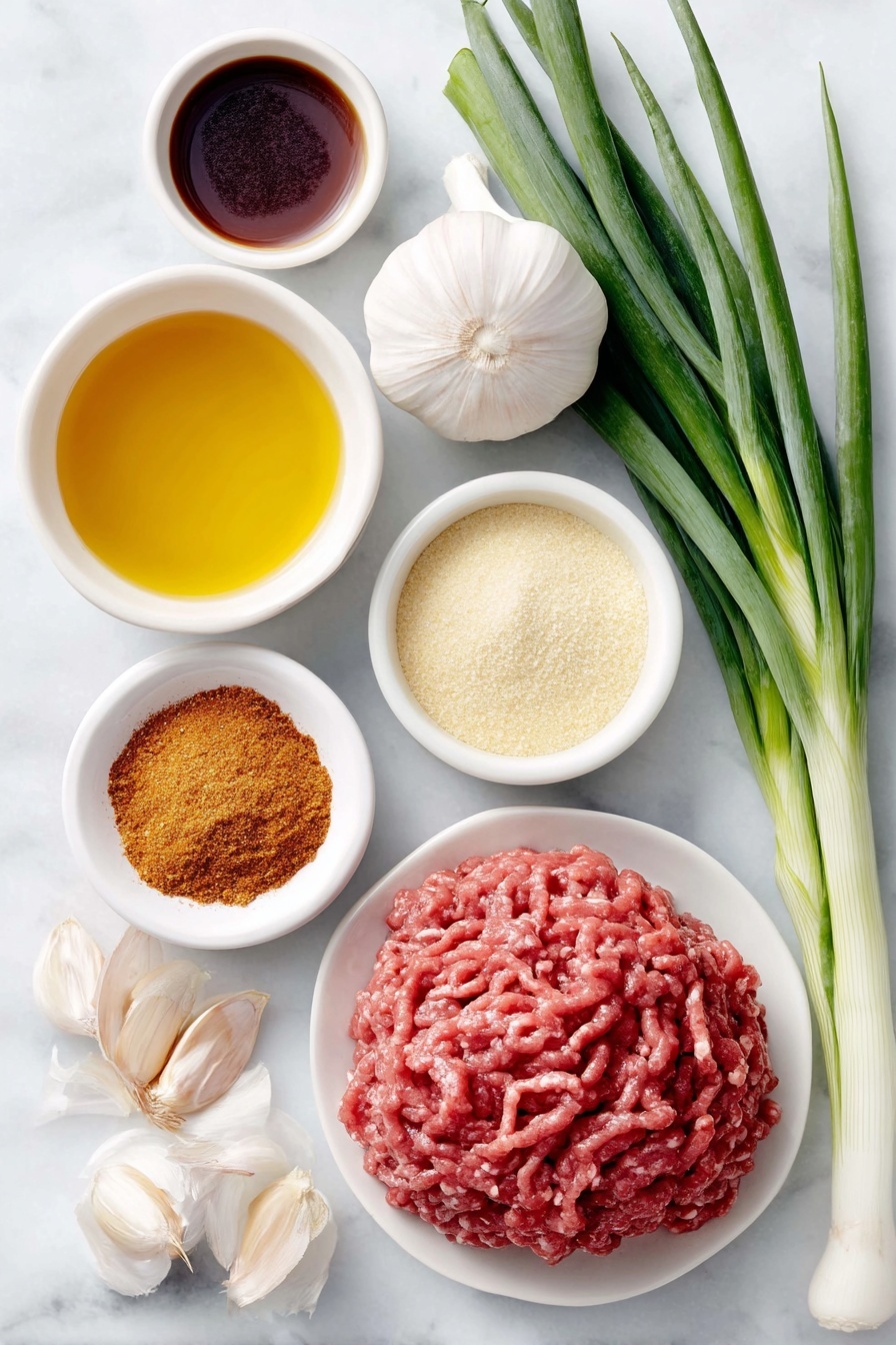 Flat lay of a small white ceramic bowl of golden toasted sesame oil, a small white ceramic bowl of dark amber coconut aminos, a small white ceramic bowl of light brown coconut sugar crystals, a small white ceramic bowl of crushed bright red pepper flakes, a small white ceramic bowl of fine pale yellow ground ginger powder, three whole uncracked garlic cloves with smooth white skins, two fresh green onions with vibrant green stalks and white bulbs, a mound of fresh raw ground beef with a bright red color, and a small white ceramic bowl of pale yellow olive oil placed on a clean white marble surface, soft natural light, photo taken with an iPhone, professional food photography style, fresh ingredients, white ceramic bowls, no bottles, no duplicates, no utensils, no packaging --ar 2:3 --v 7 --p m7354615311229779997