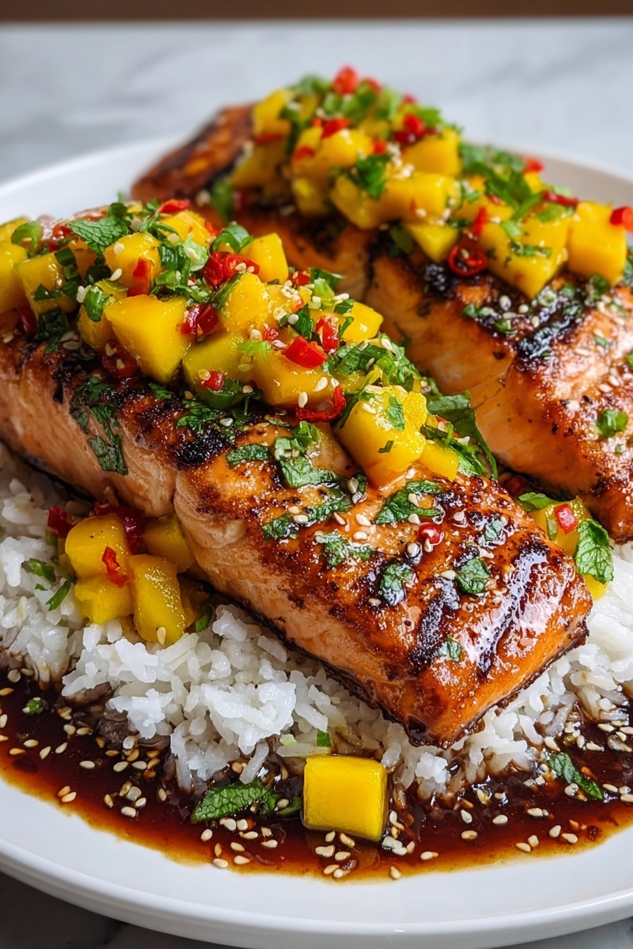A white plate holds a base layer of fluffy white rice in the center. On top of the rice, there are two large grilled salmon fillets with a slightly crispy, dark brown glazed texture and visible grill marks. Layered over the salmon is a bright yellow mango salsa with small chunks of mango mixed with red chili pieces and green herbs scattered evenly. Around the plate and salmon, a glossy dark brown sauce is drizzled, with some sauce pooling to the side, also topped with bits of mango, green herbs, and sesame seeds. The white marbled surface is blurred in the background. Photo taken with an iphone --ar 2:3 --v 7