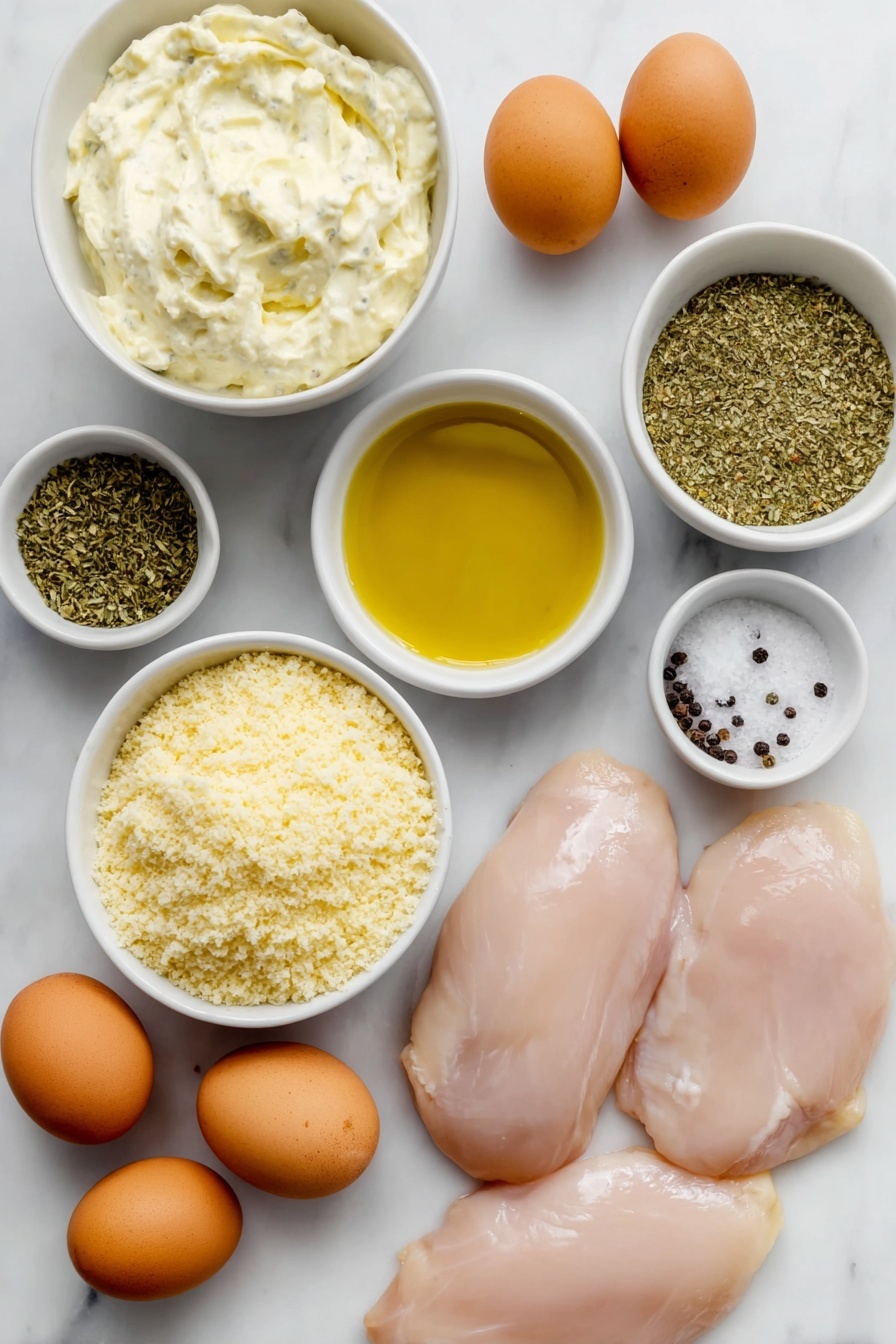 Flat lay of four raw boneless, skinless chicken breasts, a small white bowl of creamy Caesar dressing, a small white bowl filled with grated Parmesan cheese, a small white bowl of light golden breadcrumbs, a small white bowl of bright green dried oregano leaves, a small white bowl containing golden olive oil, a small white bowl of pale beige garlic powder, two whole uncracked brown eggs, a small white bowl of coarse salt crystals, a small white bowl of black peppercorns, all arranged with perfect symmetry on a clean white marble surface, soft natural light, photo taken with an iPhone, professional food photography style, fresh ingredients, white ceramic bowls, no bottles, no duplicates, no utensils, no packaging --ar 2:3 --v 7 --p m7354615311229779997